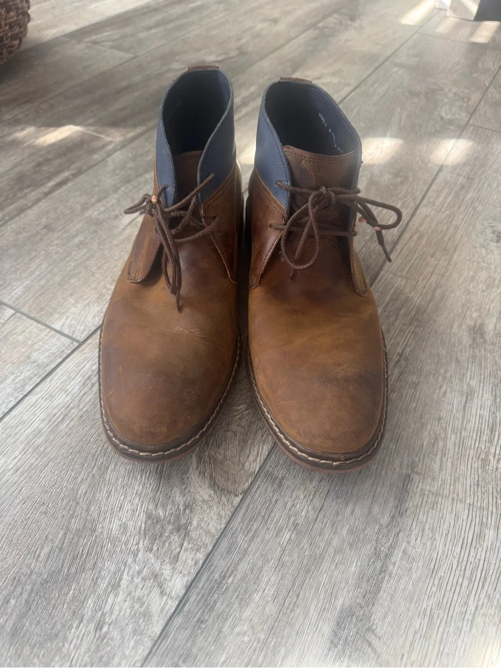 Cole Haan Brown Leather Chukka Boots with Navy Collar